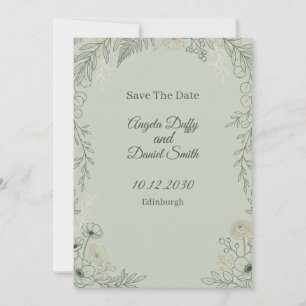 Sage Line Art Bloemen Save the Date Kaart