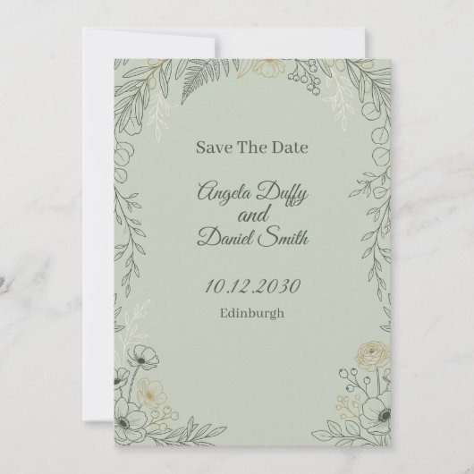 Sage Line Art Bloemen Save the Date Kaart (Voorkant)