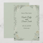 Sage Line Art Bloemen Save the Date Kaart (Voorkant / Achterkant)
