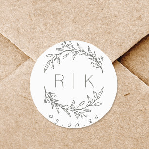 Sage Line Art Botanische Krans Trouw Monogram Ronde Sticker