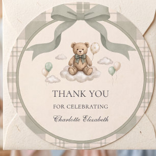 Sage Lint Plaid Teddybeer Wolk Baby Shower Ronde Sticker