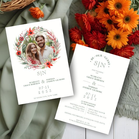 Sage Luxury Initials Floral Red Shades Round Photo Kaart