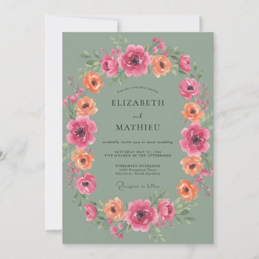 Sage Magenta Bloemhuwelijk Kaart (Voorkant)