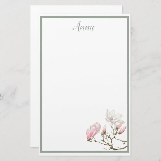 Sage Magnolia Gepersonaliseerd Briefpapier (Voorkant / Achterkant)