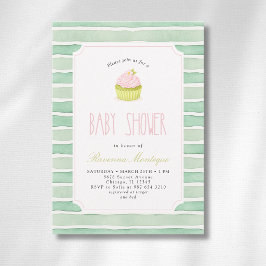 Sage Matcha Cupcake Vintage Gestreepte Baby Shower Kaart