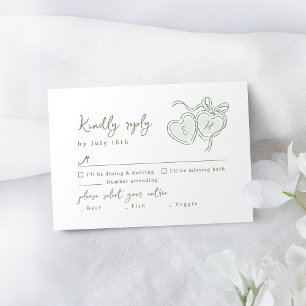 Sage met de hand getekende harten monogram whimisc RSVP kaartje