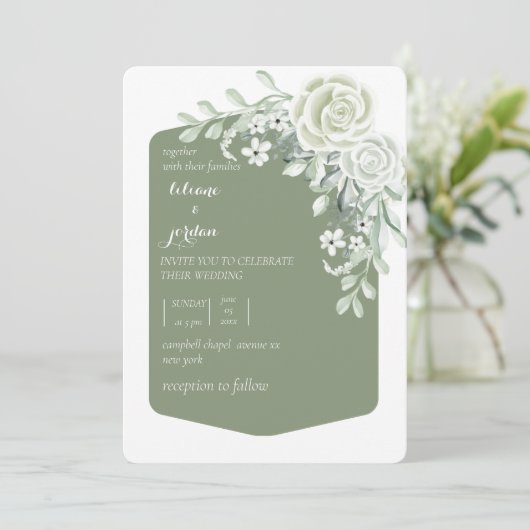 sage minimalist floral bruiloft uitnodiging (Staand voorkant)