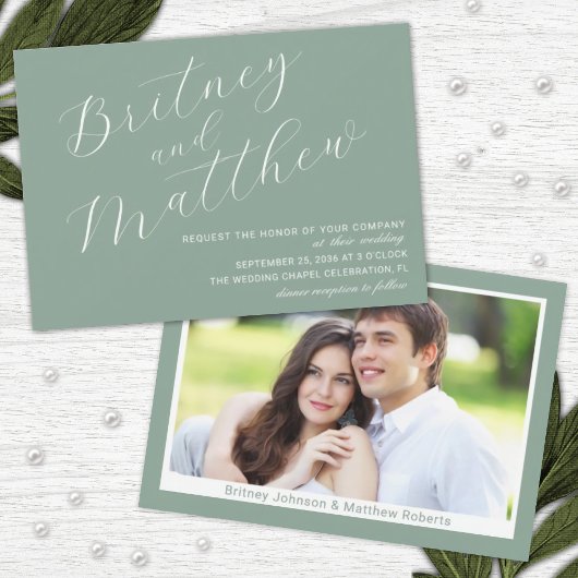 Sage minimalist Foto Elegant Script Wedding Kaart