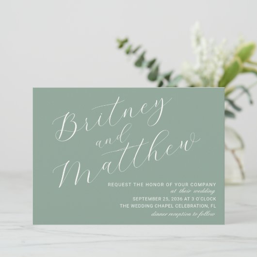 Sage minimalist Foto Elegant Script Wedding Kaart (Staand voorkant)