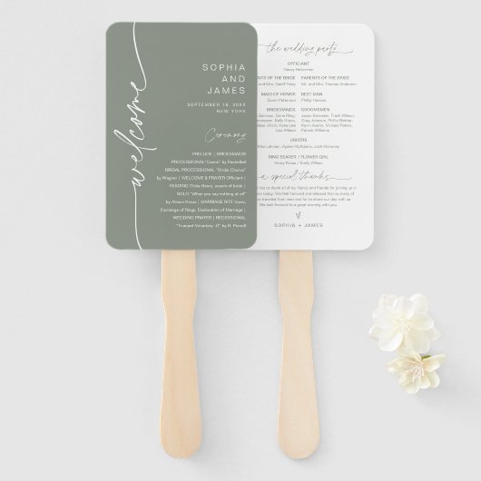 SAGE Minimalist Wedding Program (set van 10) Handwaaier (Voorkant en achterkant)