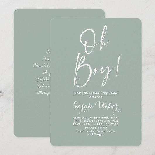 Sage minimalistisch modern Oh baby shower uitnodig Kaart (Voorkant / Achterkant)
