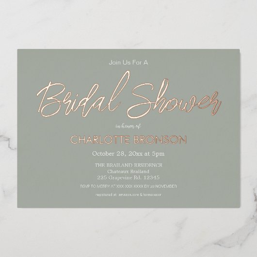 Sage minimalistisch Script Vrijgezellenfeest Roos Folie Uitnodiging (Voorkant)