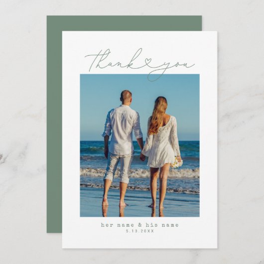 Sage | Minimalistische Eenvoudig Script Hart Weddi Bedankkaart (Voorkant / Achterkant)