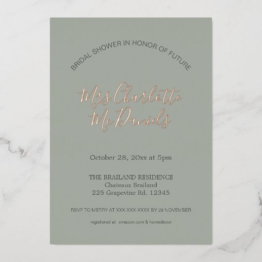 Sage Minimalistische Script Bruiloft Roségoud  Folie Uitnodiging (Voorkant)