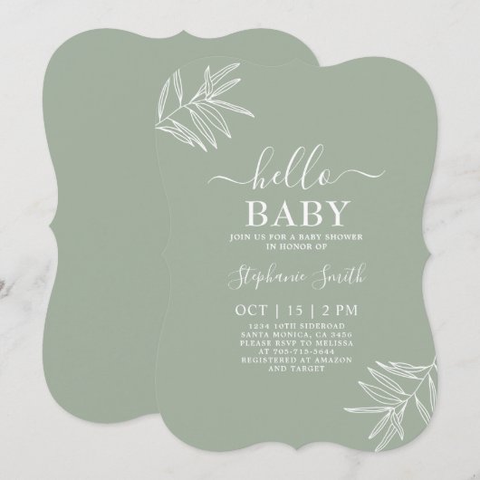 Sage-minimalistische uitnodiging voor Baby shower (Voorkant / Achterkant)