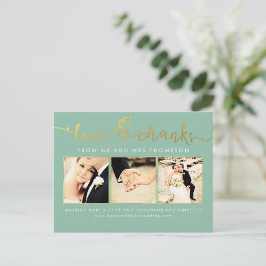 Sage Mint Gold Wedding Liefde & Bedankt Script Fot Briefkaart (Staand voorkant)
