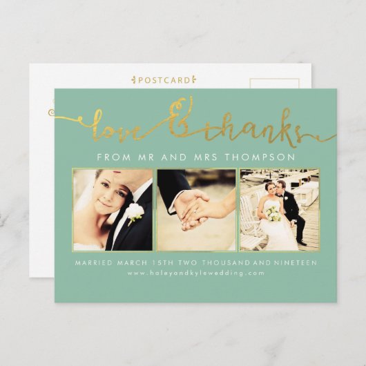 Sage Mint Gold Wedding Liefde & Bedankt Script Fot Briefkaart (Voorkant / Achterkant)