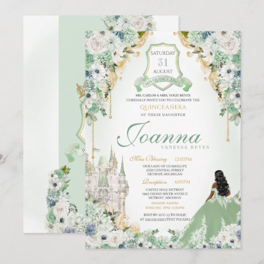 Sage Mint Groen & Goud Koninklijke Prinses Quincea Kaart (Voorkant / Achterkant)