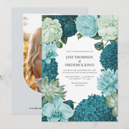 Sage Mint, Ocean Teal & Ice Bluebell Bruiloft Kaart (Voorkant / Achterkant)