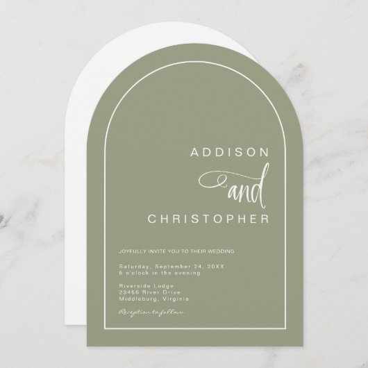 Sage Modern Arch Minimalist Script Wedding Kaart (Voorkant / Achterkant)