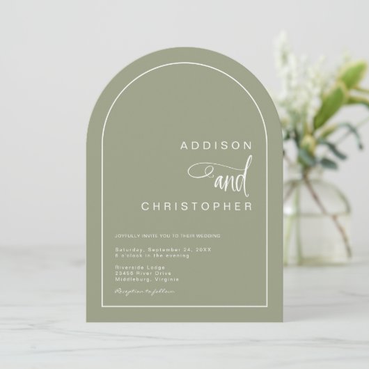 Sage Modern Arch Minimalist Script Wedding Kaart (Staand voorkant)