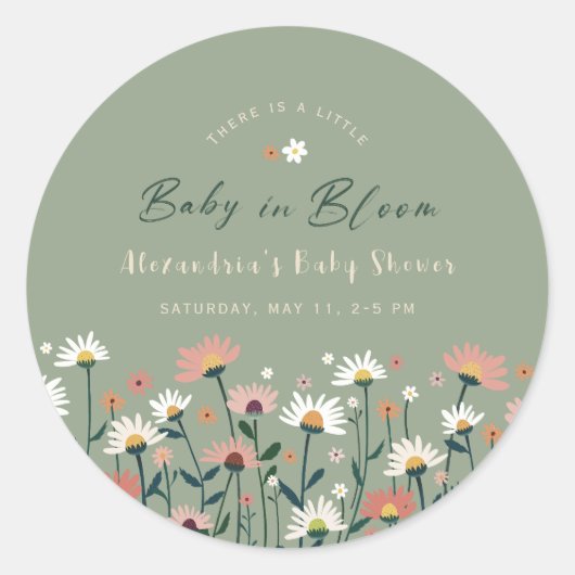 Sage Modern Boho Wildflower Baby in Bloom Shower Ronde Sticker (Voorkant)
