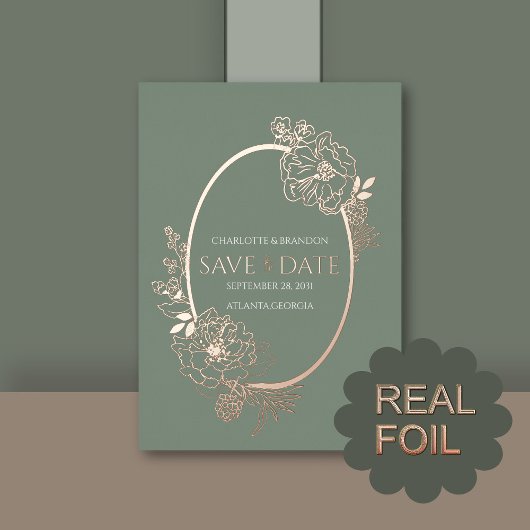 Sage Modern Floral Sketch Oval Save the Date Folie Uitnodiging