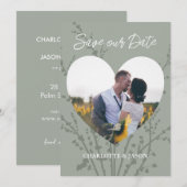 Sage Modern Foto Hart Frame Save The Date Kaart (Voorkant / Achterkant)
