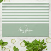 Sage Modern Heart en Stripes Monongram Theedoek (Gevouwen)