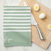 Sage Modern Heart en Stripes Monongram Theedoek (Quarter Fold)