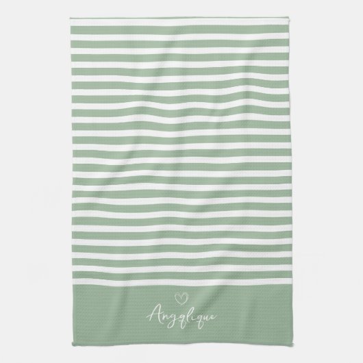 Sage Modern Heart en Stripes Monongram Theedoek (Verticaal)