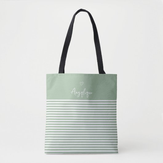 Sage Modern Heart en Stripes Monongram Tote Bag (Voorkant)