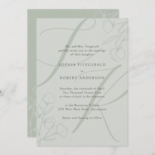 Sage Modern Minimalist Typography Floral Wedding Kaart (Voorkant / Achterkant)