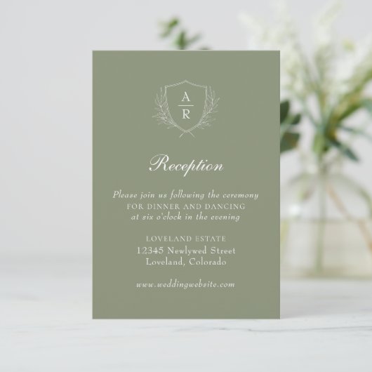 Sage Modern Simple Leaves Crest Weddenschappen Rec Informatiekaartje (Staand voorkant)