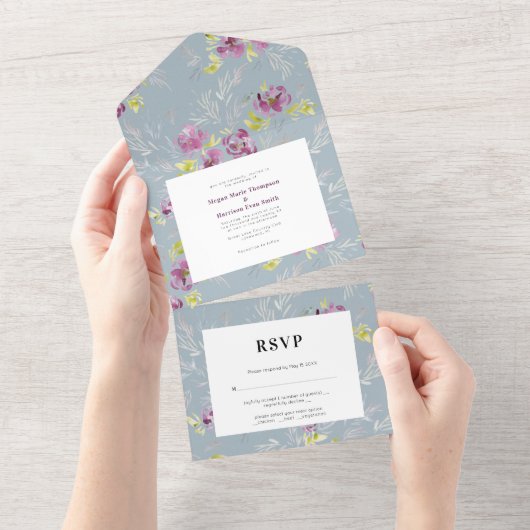 Sage Modern Waterverf Flower Wedding Invitation All In One Uitnodiging (Afscheurbaar)