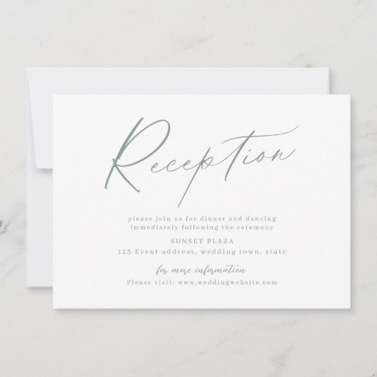 Sage moderne script minimalistische bruiloft recep notitiekaartje (Voorkant)