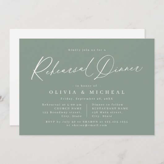 Sage moderne script minimalistische repetitie dine kaart (Voorkant / Achterkant)