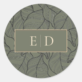 Sage Monogram Elegant Leaves Line Art Classy Ronde Sticker