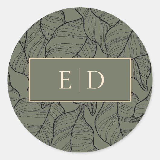 Sage Monogram Elegant Leaves Line Art Classy Ronde Sticker (Voorkant)