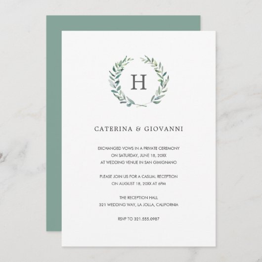Sage Monogram Greenery Rustic Wedding Reception Kaart (Voorkant / Achterkant)