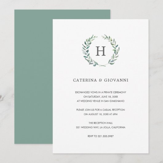 Sage Monogram Groene Rustieke Trouwreceptie Kaart (Voorkant / Achterkant)