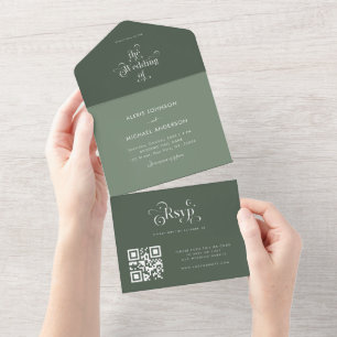 Sage Mos Groen Shades Retro Typografie QR Code All In One Uitnodiging