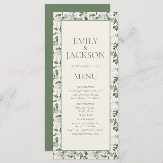 Sage Moss Green Leaves Cream Wedding Menu (Voorkant / Achterkant)