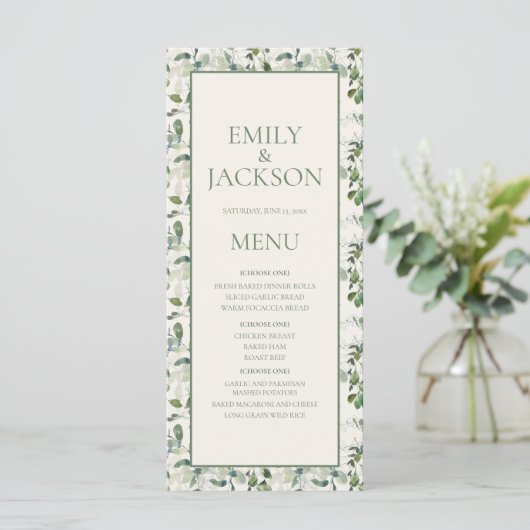 Sage Moss Green Leaves Cream Wedding Menu (Staand voorkant)