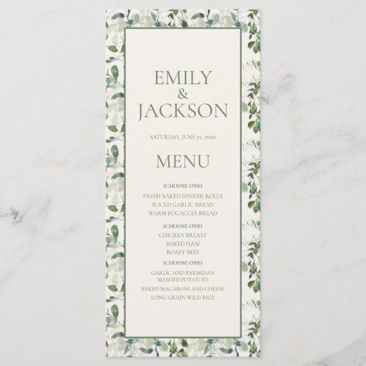 Sage Moss Green Leaves Cream Wedding Menu (Voorkant)