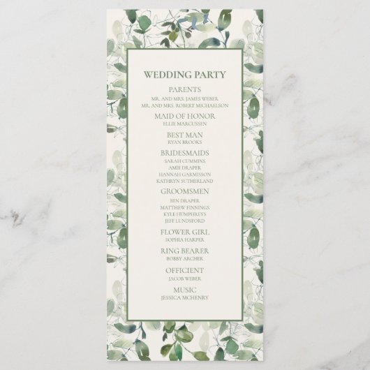 Sage Moss Green Leaves Cream Wedding Programme Programmakaart (Achterkant)