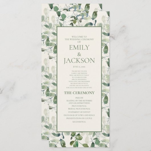 Sage Moss Green Leaves Cream Wedding Programme Programmakaart (Voorkant / Achterkant)