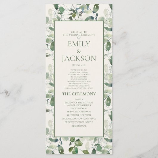 Sage Moss Green Leaves Cream Wedding Programme Programmakaart (Voorkant)
