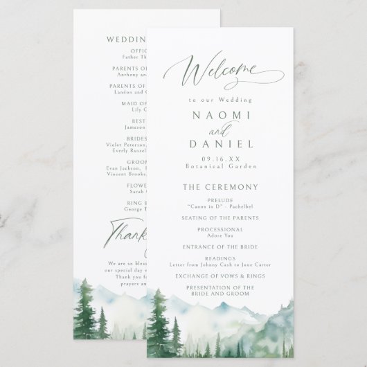 Sage Mountain Forest Rustic Wedding Programs Menu (Voorkant / Achterkant)