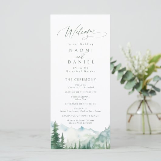 Sage Mountain Forest Rustic Wedding Programs Menu (Staand voorkant)